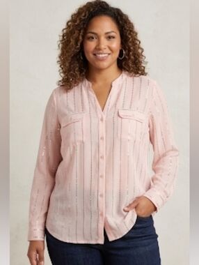 Coral Bay Light Pink Button Down Shirt with Metallic Stripes Sz 3x